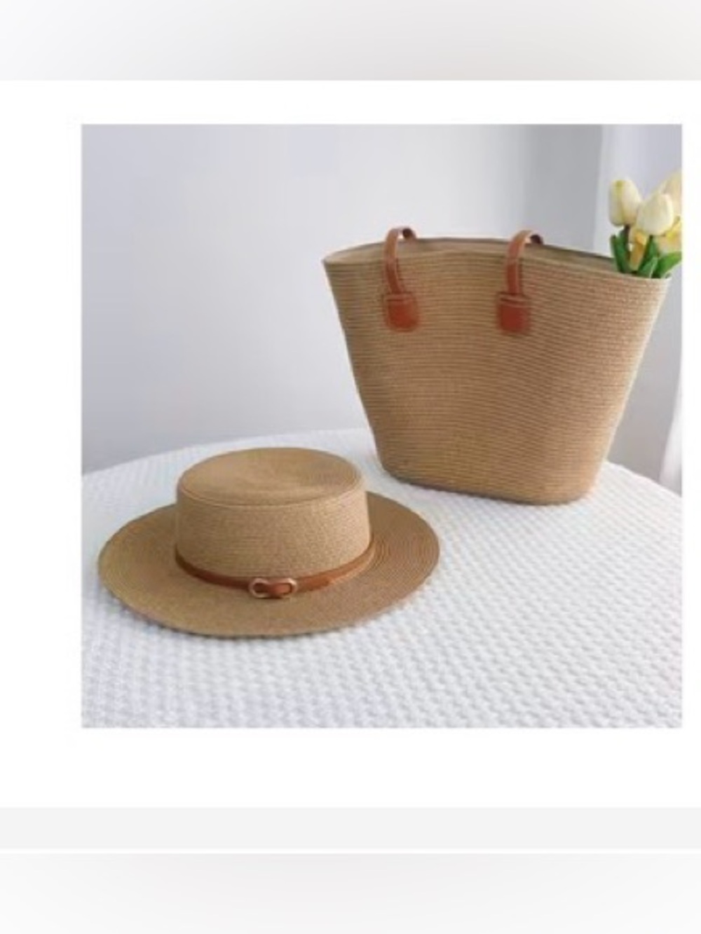 New with Tags Woven Straw Tote Bag & Boater Sun Hat Matching Summer Set